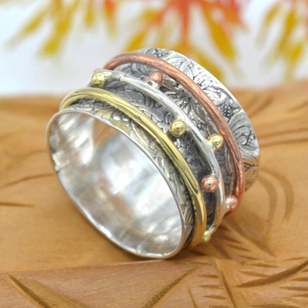 Кольцо Meditation Three Tone Spinner Band Ring Стерлинговое серебро 925 пробы Ювелирные изделия ручной работы