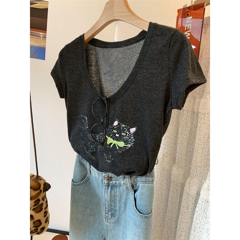 Plus-Size Vintage Cat Print V-Neck Short-Sleeve T-Shirt for Women, Summer Breathable Lightweight Top