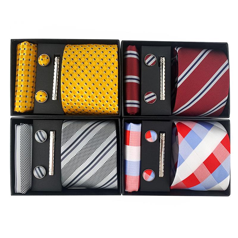 Men'S Striped Flower Plaid Tie Square Towel Cuffs Tie Clip Gift Box Set Business Casual Tie Black