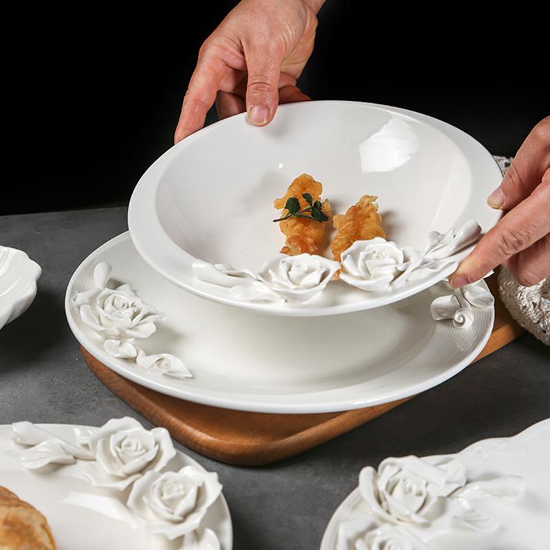 Керамическая тарелка с цветочным рельефом Завтрак Фруктовый салат Обеденные тарелки Отель Ресторан Западная тарелка Кухня Десертная тарелка Столовые приборы