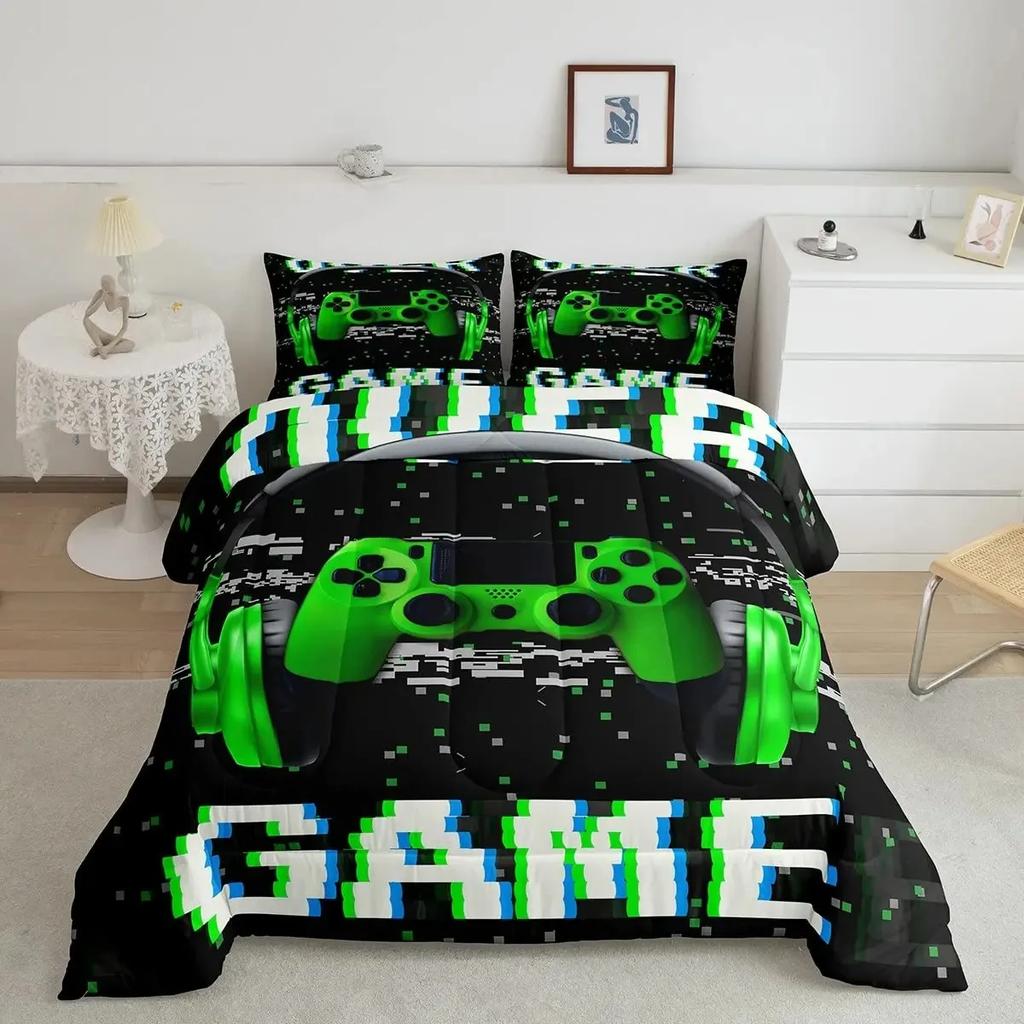 Gamer Duvet Cover Set Rotating Music Comforter Cover Gamepad Gaming Bedding Set for Boys Headphone Bedspreads Cover Queen Size