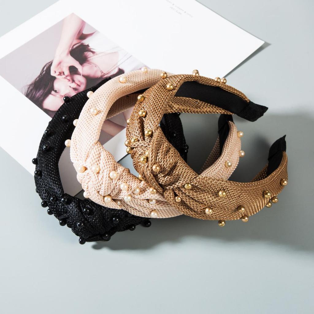 Women Hair Band Pearl Velvet Bow Wide Edge Headband Mesh Headwear