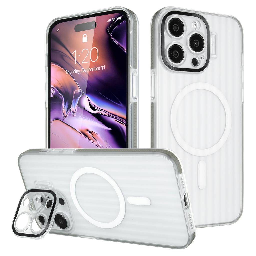 For iPhone 15 Pro Max Magnetic Case Strip Pattern PC+TPU Phone Cover Lens Cap Kickstand