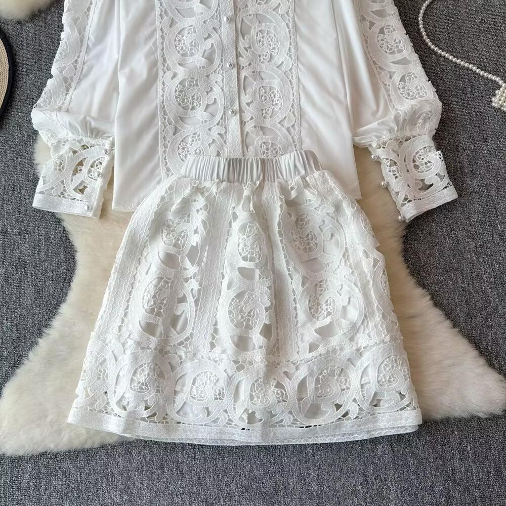 Spring Autumn Women Lace Patchwork Embroidery Designer Runway Outfits Fashion Single Breasted Shirt and Mini Short Skirt Two Piece Set
