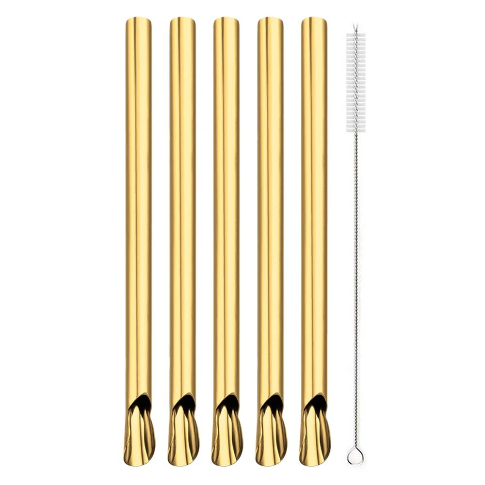 6Pcs 304 Stainless Steel Reusable Straw Set Pearl Milkshake Bubble Tea Straw with Brush Stirring Smoothie Spoon Shaped Straw Set