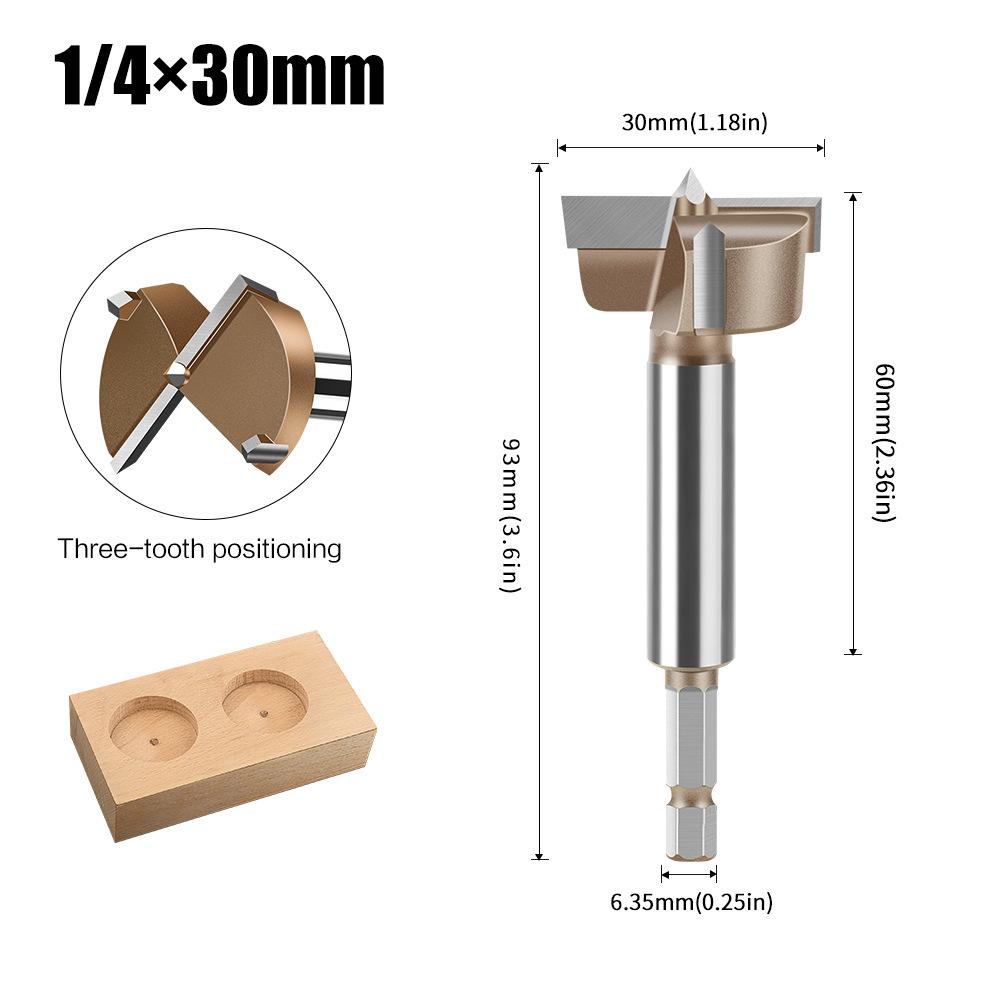 10mm to 50mm Professional Hexagonal Shank Woodworking Hinge Boring Bit Tungsten Carbide Blade Three-Tooth Double Blade Design