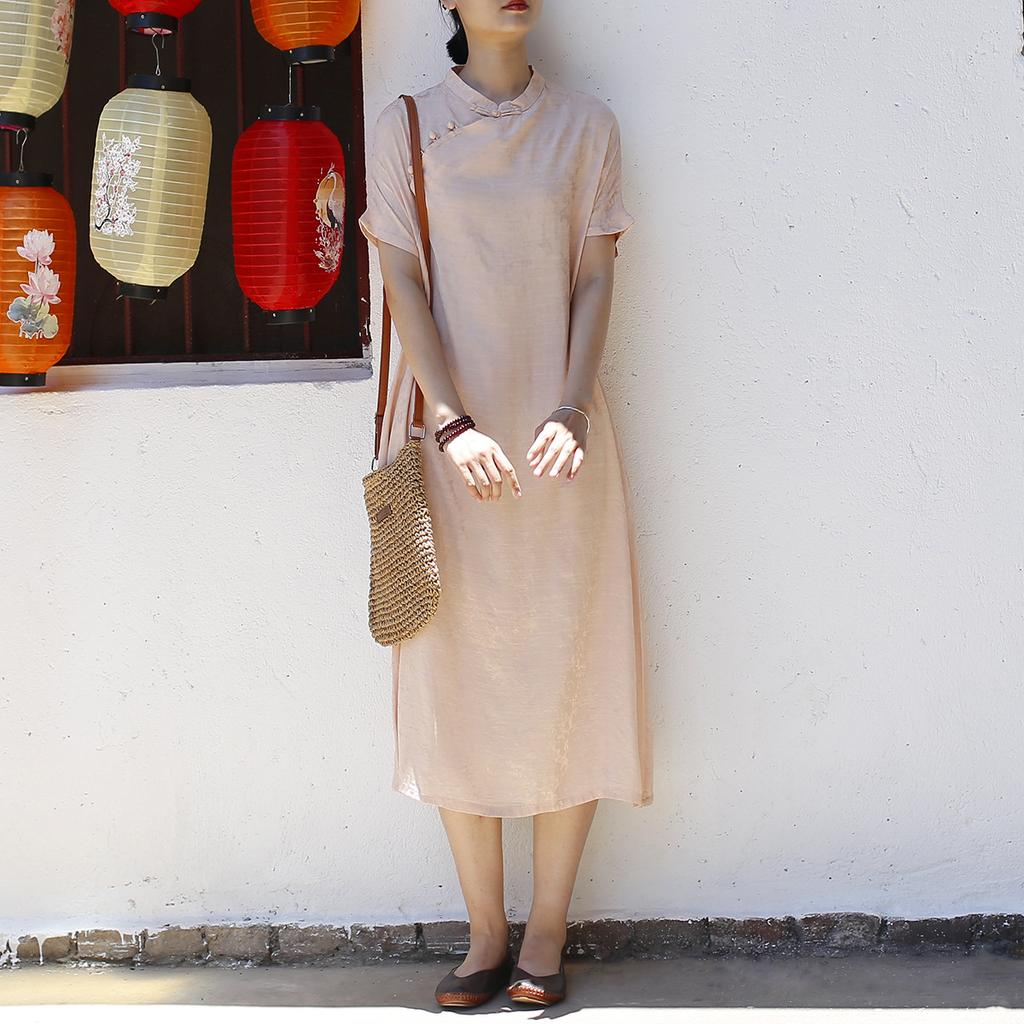 Johnature Винтажное платье с коротким рукавом для женщин, однотонное летнее платье А-силуэта в китайском стиле