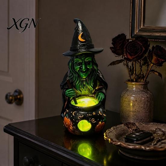 Gothic Home Decor for Halloween Witch Cauldron Lamp Figurine, Resin Scary Witches Lighted-Up Glowing Pot Figurine Cauldron, Festival Supplies