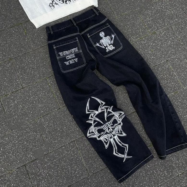 Y2K Jeans Mens Hip Hop Retro Skull Embroidery Washed Baggy Denim Pants New Straight Casual Loose Wide Leg Trouser Streetwear