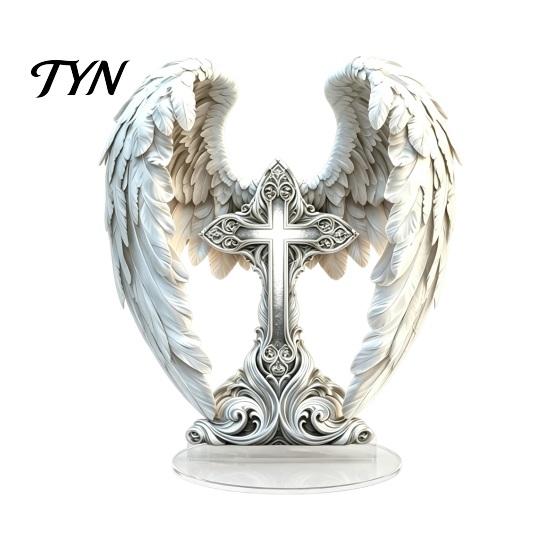 Christmas Tabletop Decorations Angel Wings Cross Table Sign, Acrylic Religious Wing Statue, Large Modern Art Piece Ornaments for Home Living
