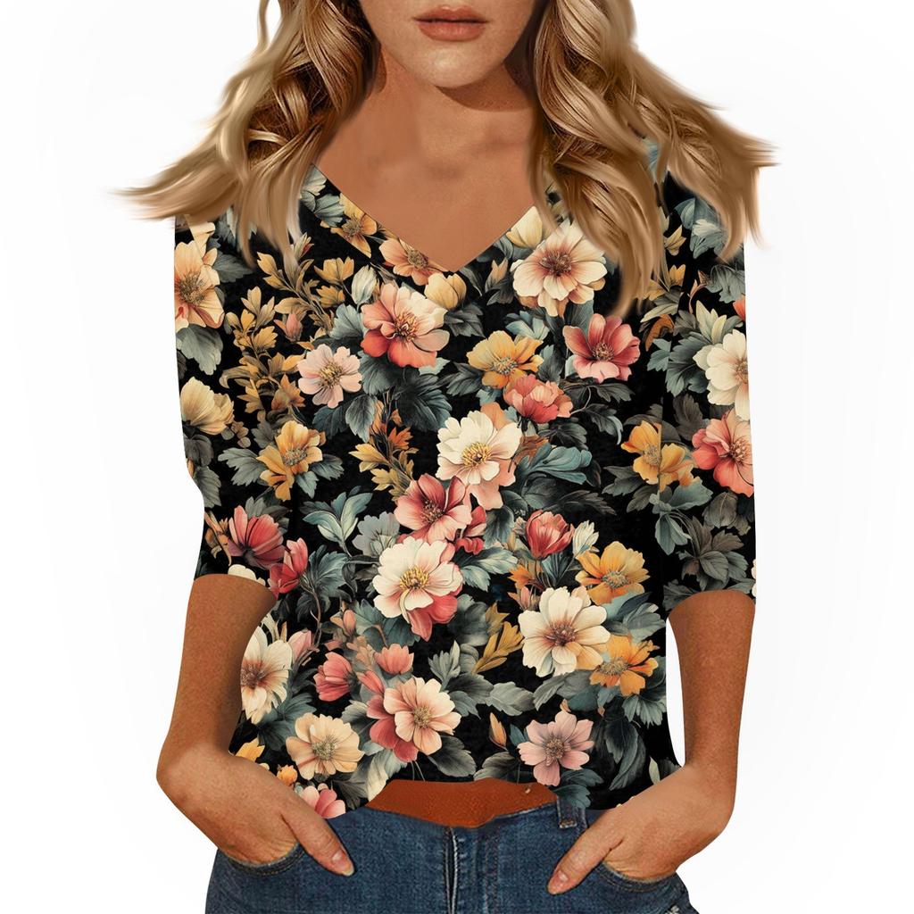 Women's Tops Three-quarter Sleeve Shirt V-neck Loose Casual Shirt Print T-shirt