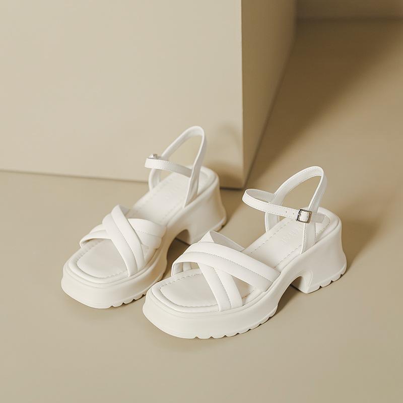 [Горчично-зеленый CHAO белый] Римские босоножки на платформе с толстым каблуком женские туфли на высоком каблуке с перекрестными ремешками и застежкой-пряжкой