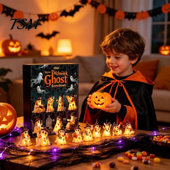Seasonal Halloween Display Advent Calendar 2026, 24 Days Patchwork Ghost Countdown Box Set, Lightweight Decor Flat Acrylic Hanging Ornaments
