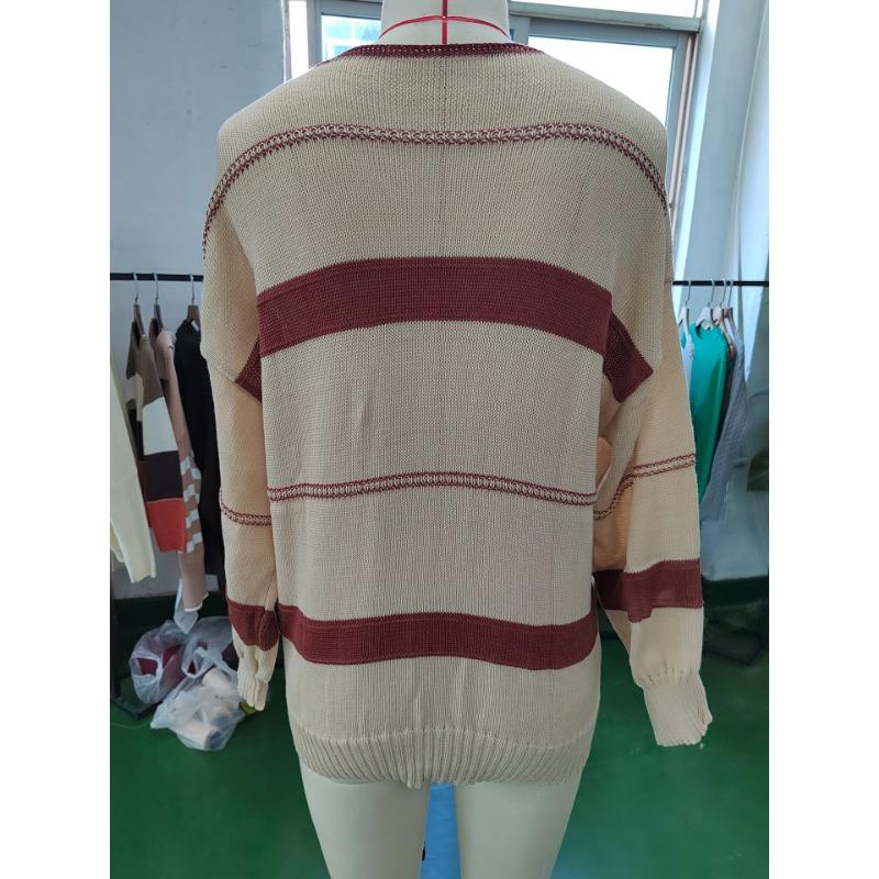 Плюс Размер Нижняя Рубашка Длинный Рукав Трикотаж Женский Осенний Полосатый Пуловер V-образный Вырез Полосатый Свитер