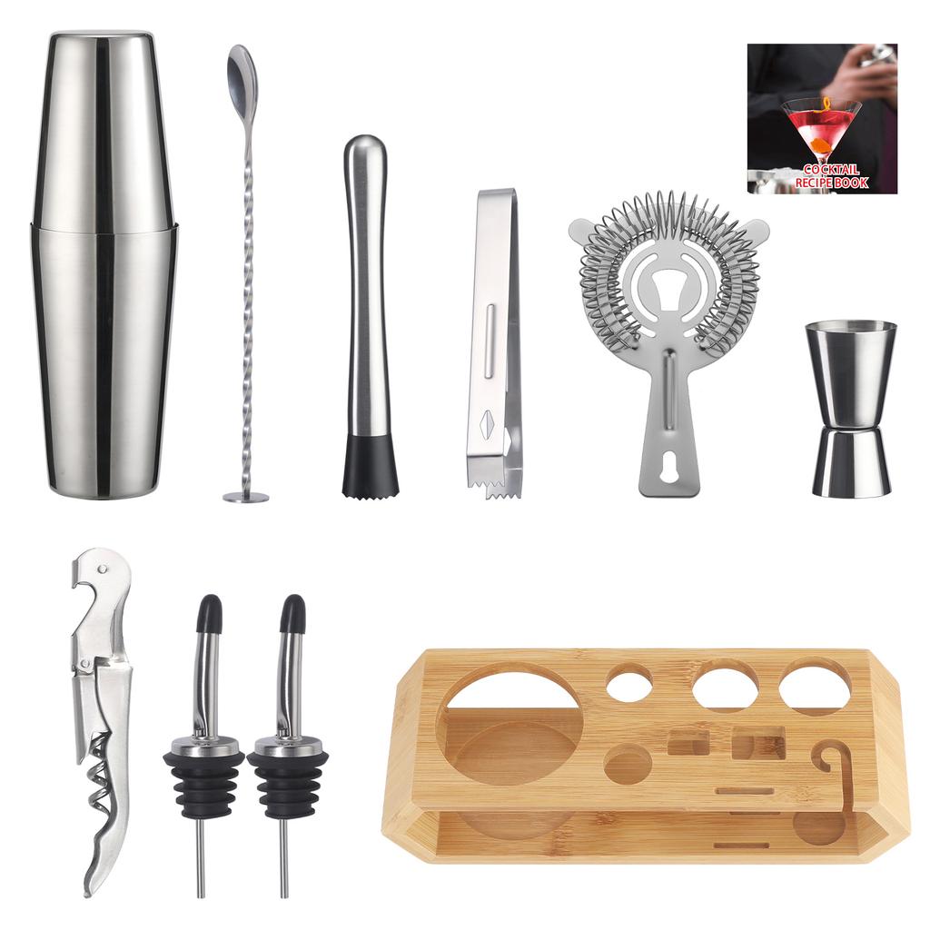 Stainless Steel Rhombus Bamboo Frame Shaker Set Bar Shaker Set 10-Piece Cocktail Shaker Set