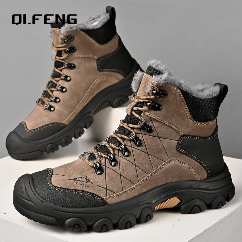 Men's Genuine Leather Outdoor Plush Snow Boots High Top Anti slip Wear Resistant Warm Boots Winter Hiking Large size Sneaker