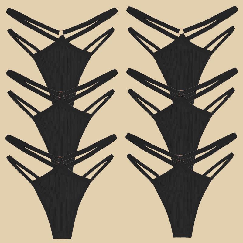 FINETOO 6Pcs Cotton Double Belts Underwear Women Sexy Metal Ring Thongs Low Waist Erotic Lingerie Breathable Comfort Intimates