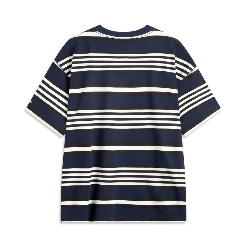 Li Ning CF Полосатая Удобная Контроль Температуры Антибактериальная Футболка с Коротким Рукавом Мужские Топы Глубокий Ирис Синий ATSV181-2