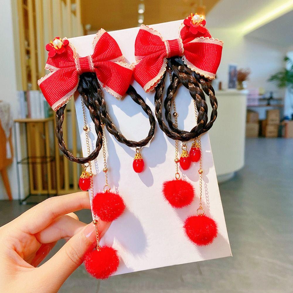 2 шт. кисточка новогодний головной убор китайский стиль красный парик коса шпилька детская заколка для волос