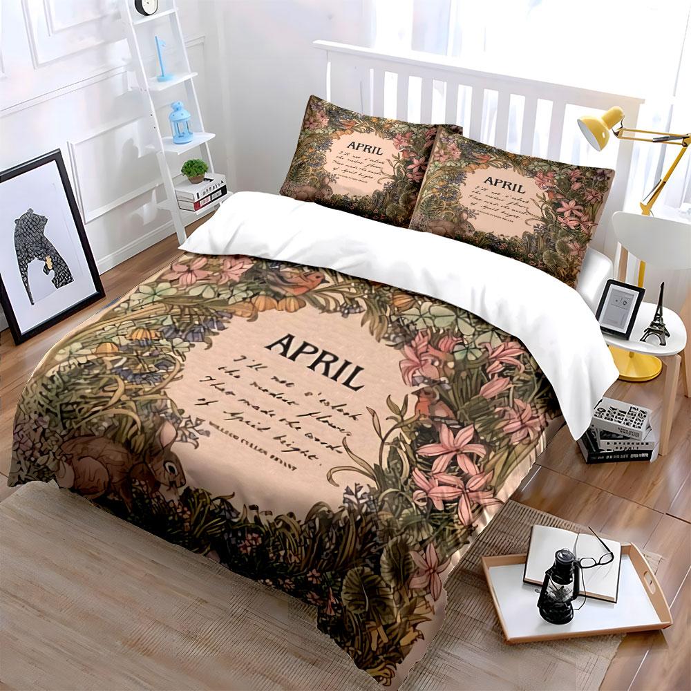 Floral Rabbit April Artwork Bedding Duvet Cover Set Duvet Cover Pillowcases (1*Duvet Cover 2*Pillowcases, without duvet insert)
