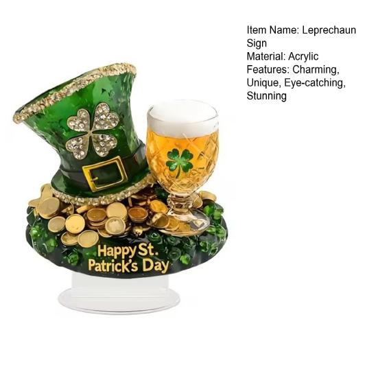 Улица. Акриловая настольная табличка ко Дню Святого Патрика, объемное украшение в виде ирландского клевера и лепрекона для украшения стола, полки или другого предмета интерьера.