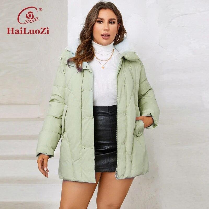 HaiLuoZi 2023 Новая женская зимняя куртка больших размеров с меховым капюшоном, толстая женская верхняя одежда с наклонным карманом, высококачественное женское пальто 1167