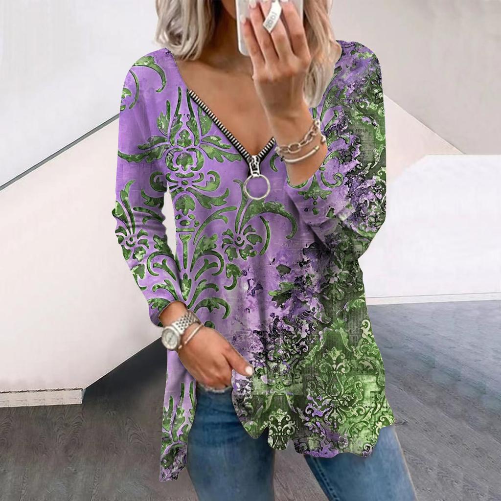 Женские осенние креативные ретро-футболки с длинным рукавом и принтом, свободные футболки с V-образным вырезом больших размеров, удобные блузки