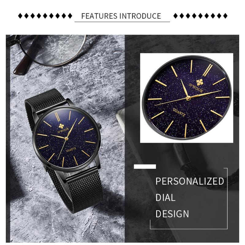 Мужские кварцевые часы WWOOR со звездами и сетчатым ремешком, водонепроницаемые