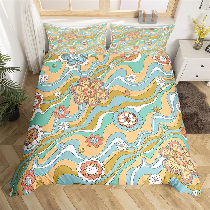 Retro 70s Hippie Style Duvet Cover Queen Microfiber Psychedelic Mushroom Bedding Set Room Decor Gifts Rainbow Floral Quilt Cover