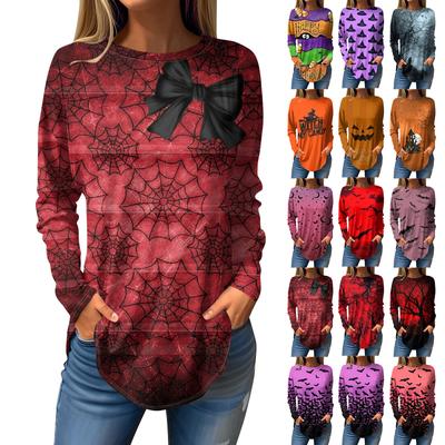 Женская футболка с принтом Хэллоуина, длинный рукав, повседневная мода, круглый вырез, стандартный крой