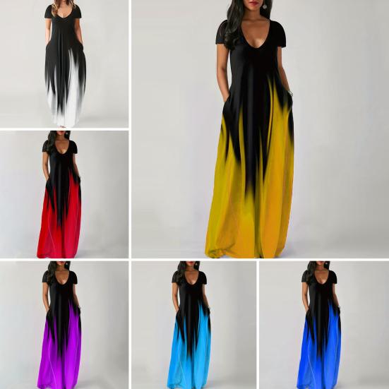 Женское летнее платье с глубоким вырезом и V-образным вырезом с коротким рукавом и контрастным градиентом цвета Свободные карманы длиной до пола Мягкое дышащее повседневное повседневное платье макси
