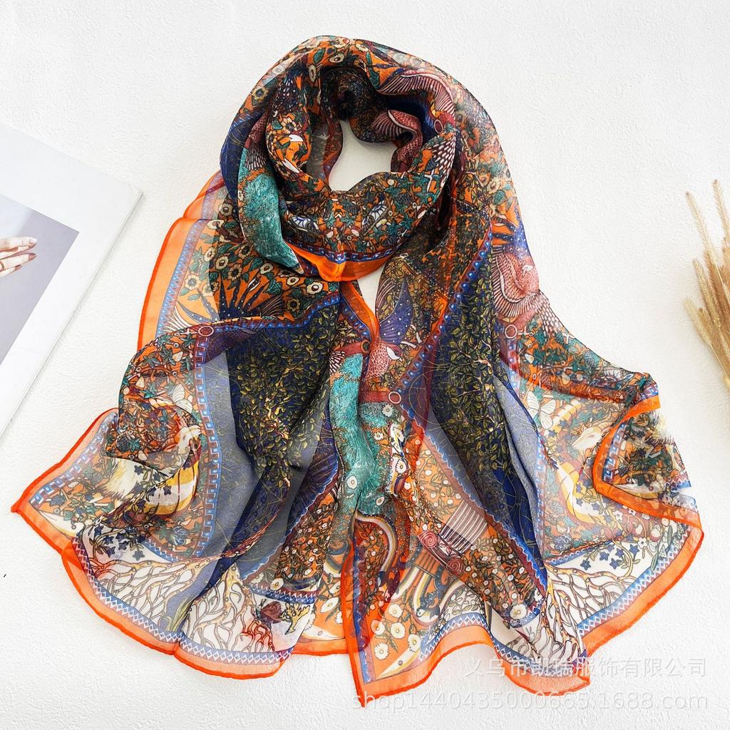 Новый длинный шелковый шарф с солнцезащитным кремом, тонкий искусственный шелк, весенне-летний женский шарф с принтом и украшением из жоржета