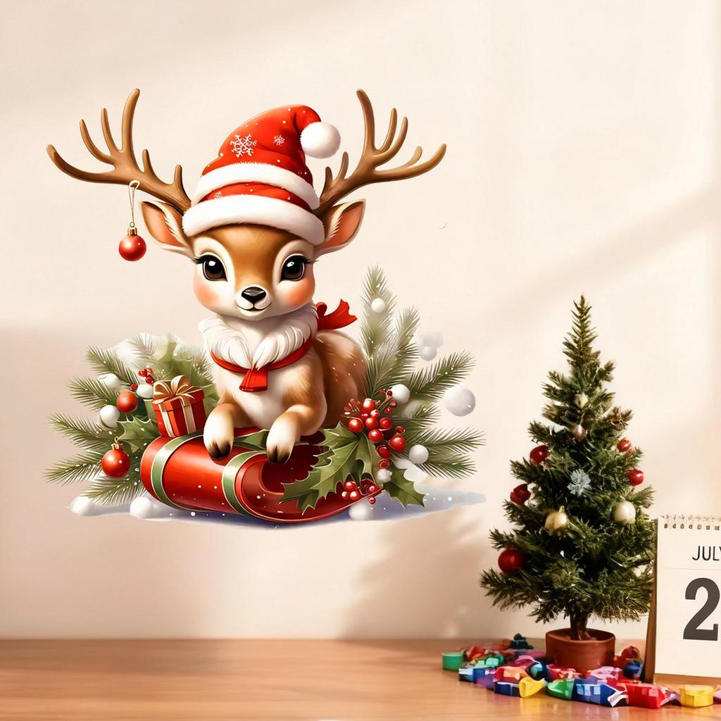 Christmas Cute Deer Christmas Hat Window Stickers Home Wall Stickers