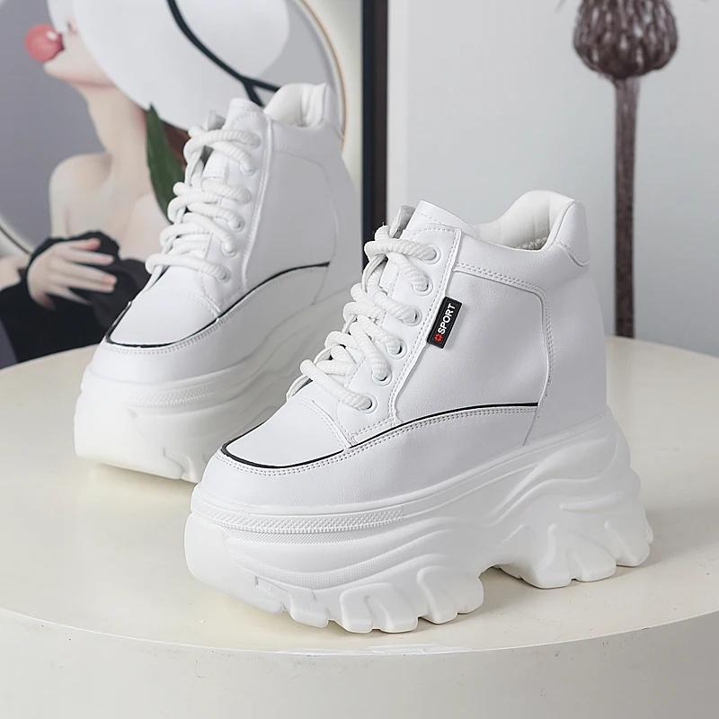 Модная осенне-зимняя женская обувь из кожи с высоким верхом, кроссовки на платформе и танкетке, массивная обувь, скрытый каблук 12 см, белая, черная, женская повседневная обувь