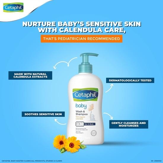 Cetaphil Детский гель для душа и шампунь с органической календулой 400 мл и детское мягкое мыло 75 г(2Pcs) (Пакет из 3)- Combo