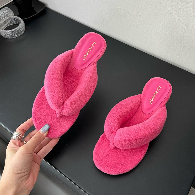 Fashion Red Fashion Round Toe Ladies Wedges Slippers Shoes Footwear Flock Women Wedges Slippers Shoes Female Sandals Slides Flip Flops