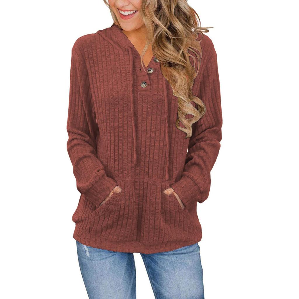 Women's Fashion Long Sleeve Solid Color Casual Ribbed Button Hoodie Top