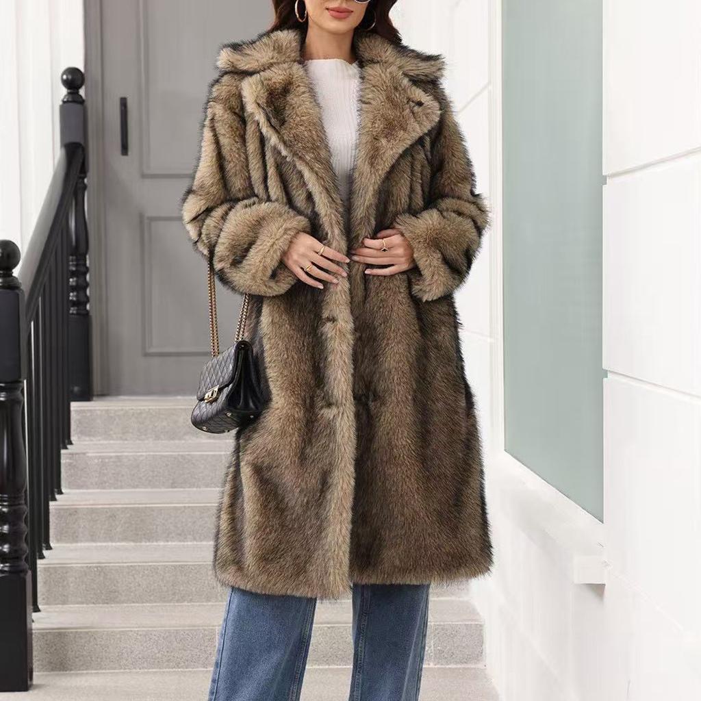 Women's Fashionable Warm Long Sleeve Solid Color Furry Long Coat With Turned Collar