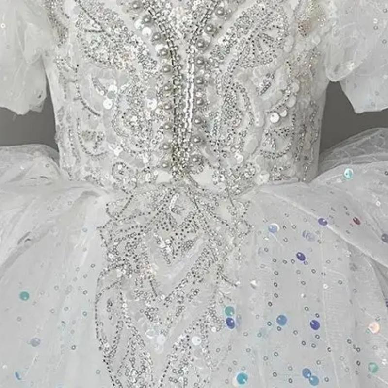 2025 Baby Girl Princess Dress Sequin Party Dresses for Children Puff Sleeves Clothing Classy Flower Girls Costume for Wedding