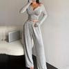 Spring Autumn Solid Slim Pajamas Homewear Set Long-Sleeve Tops and Long Pants Sexy V-Neck Button Two-piece Pj Sets Sleepwear Y2k