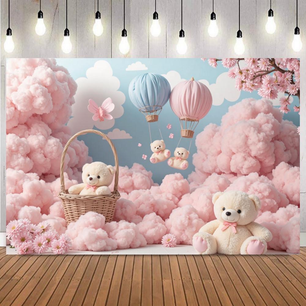 Pink Blue Dreamy Floral Clouds Photo Background Doll Bear Hot Air Balloon Newborn baby Shower Birthday Party Decor Background18