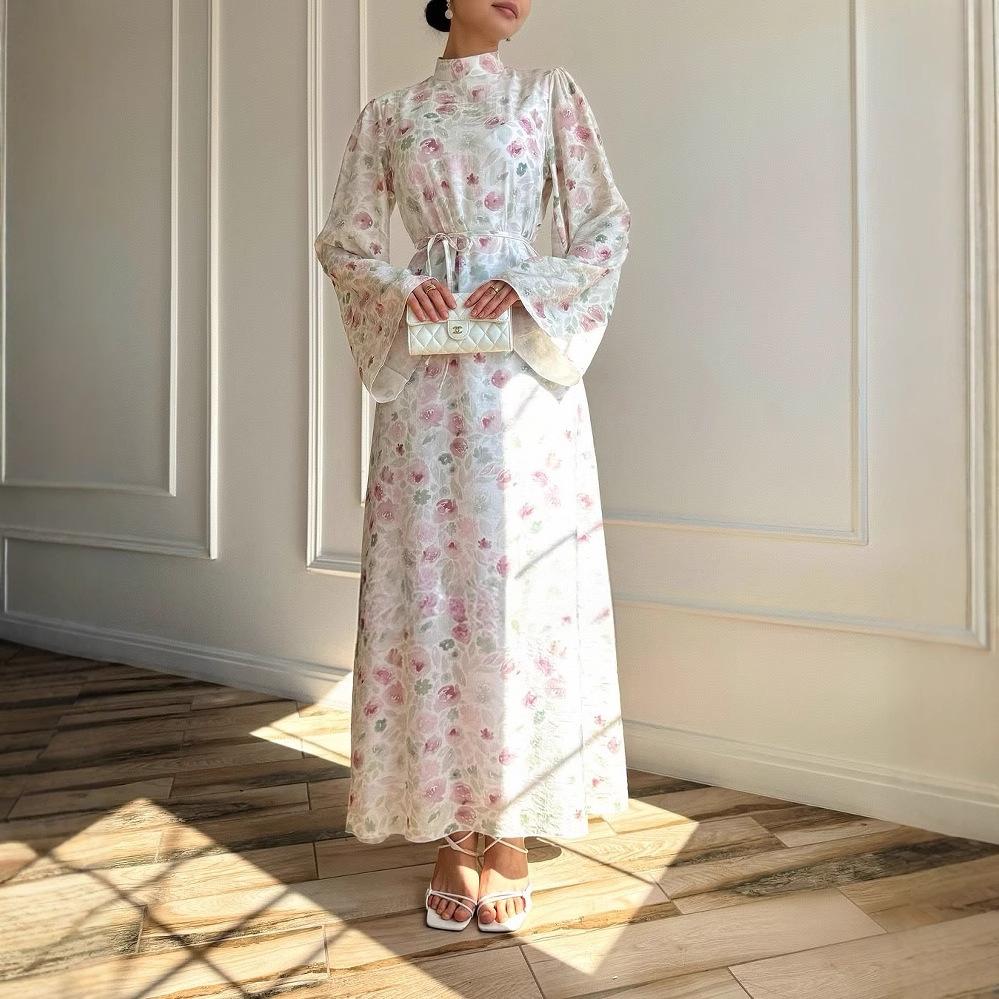 Европейская и американская женская одежда новая мода темперамент сладкие французские рукава-колокол тонкое платье с принтом длинное платье