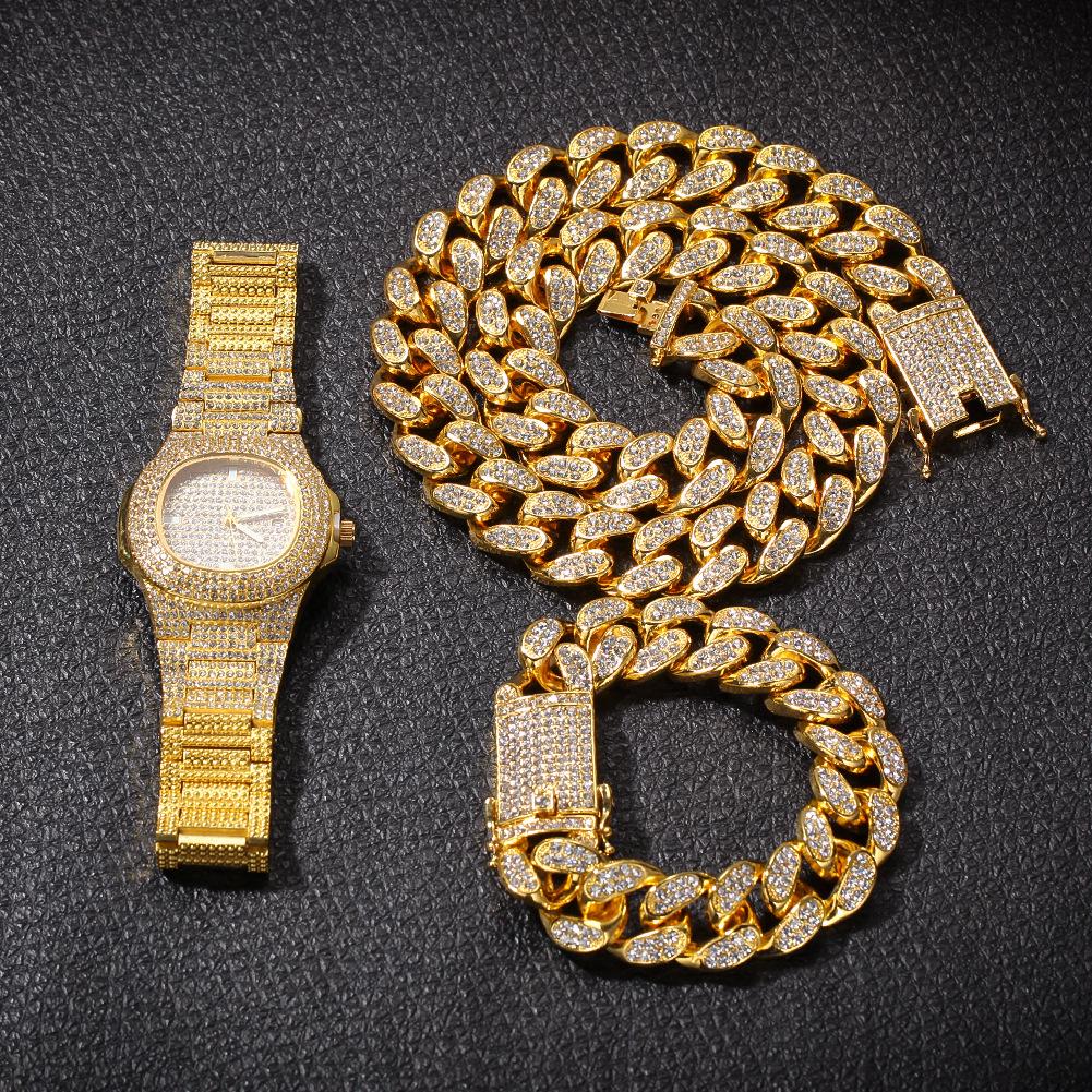 Hip Hop Men Bling Iced Out Gold 20mm Watch Bracelets Necklace Cuban Link Chain Set Watch Necklace Bracelet Jewelry Set