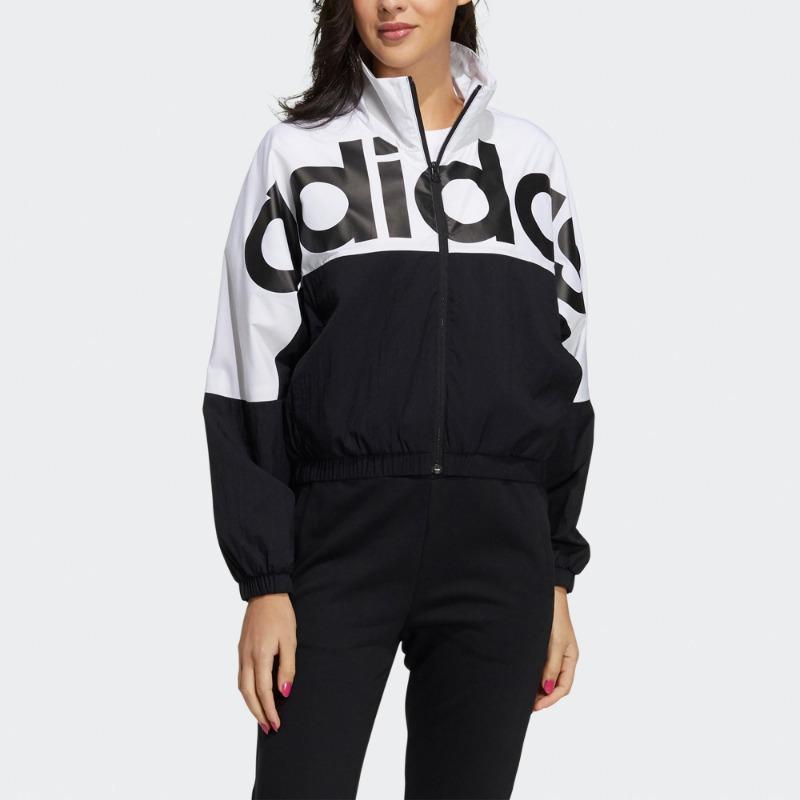 adidas Женская тканая спортивная куртка Neo W Icons CE+ с воротником-стойкой и контрастным принтом логотипа, черная GP5425