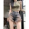 Spicy Girl Retro High Waisted Fringed Denim Shorts for Women In Summer A-line Distressed Hip Hugging Wide Leg Hot Pants