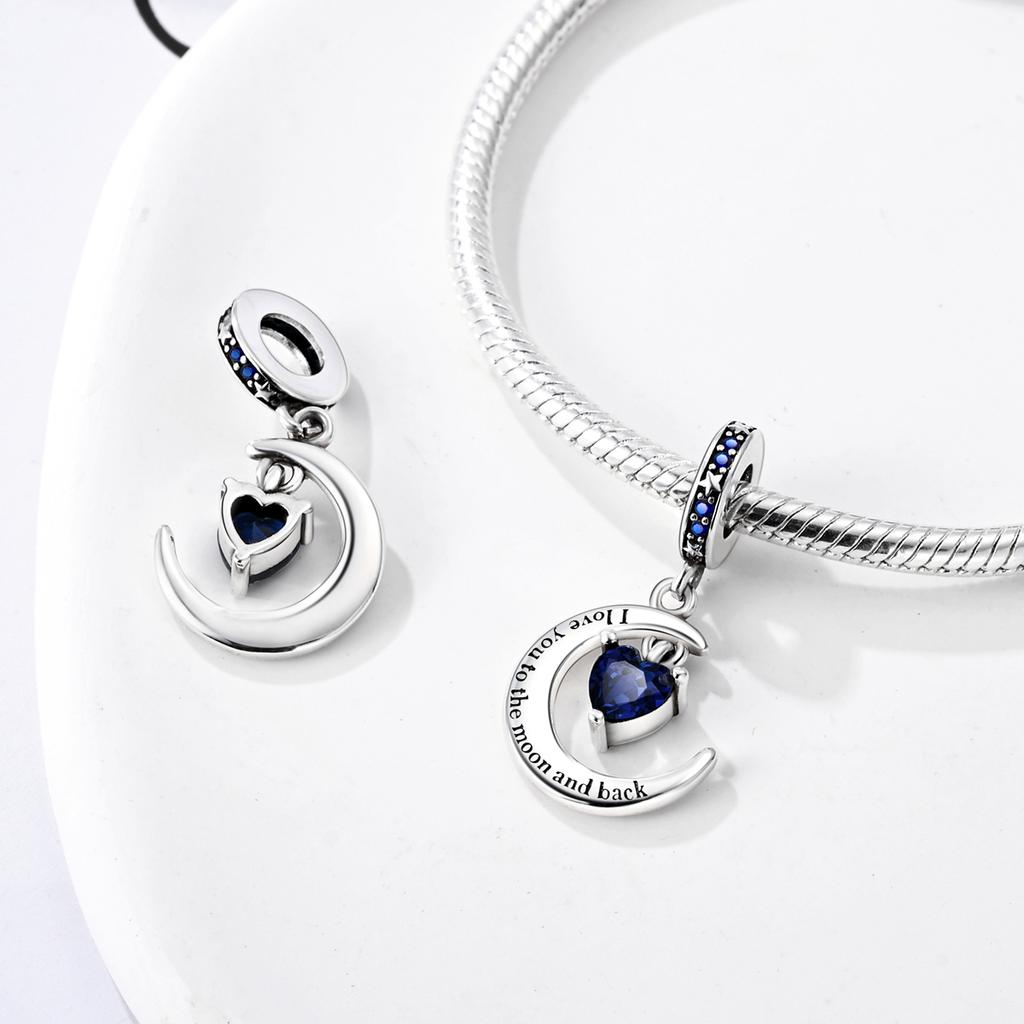 Copper Charms Beads Blue Color Cat Moon Heart Pendant Fit Original Bracelet Making Woman Jewelry