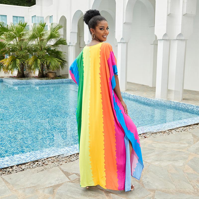 EDOLYNSA Plus Size Bathing Cover Up Boho Colorful Printed Kaftan Dress Bat Sleeve Long Tops Wedding Guest Dress Q1546