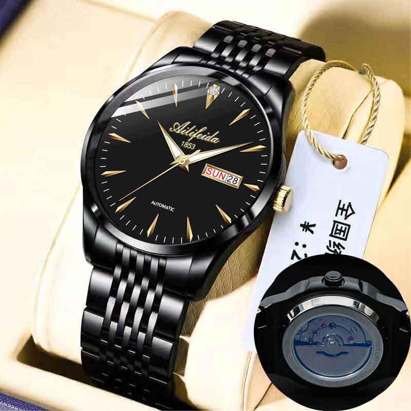 Aili Feida Men's Quartz Waterproof Watch with Hollow Back and Calendar Feature.