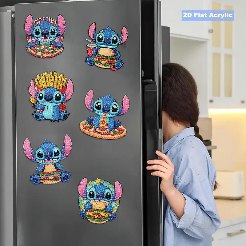 6Pcs DIY Diamond Painting Refrigerator Magnets, Disney Stitch, Cross-stitch Round Diamond Handicraft Home Decoration Gift