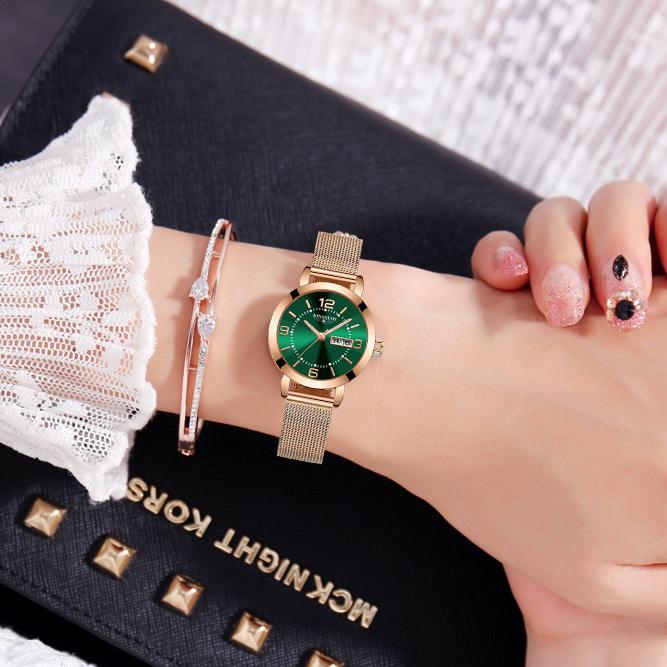 KINGNUOS кварцевые часы немеханические женские часы светящиеся водонепроницаемые двойной календарь женские наручные часы со стальным ремешком